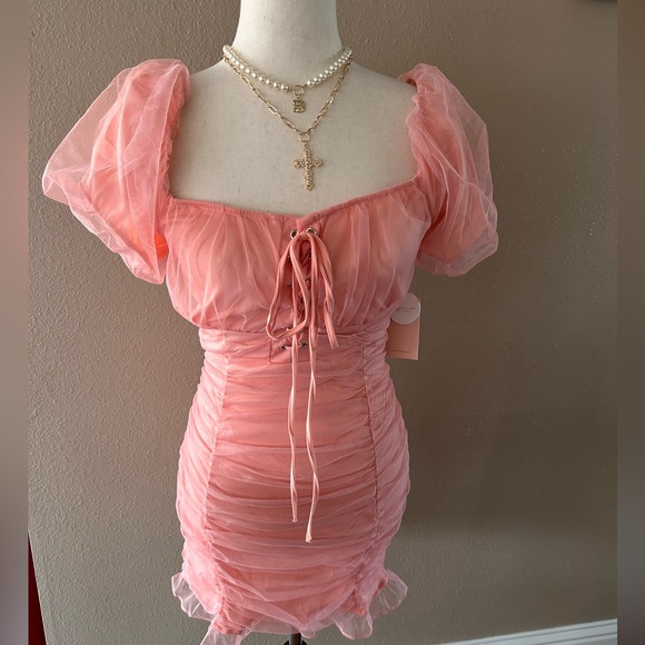 Elegant Peach Ruched Mesh Puff Sleeves Dress - Picture 6 of 14